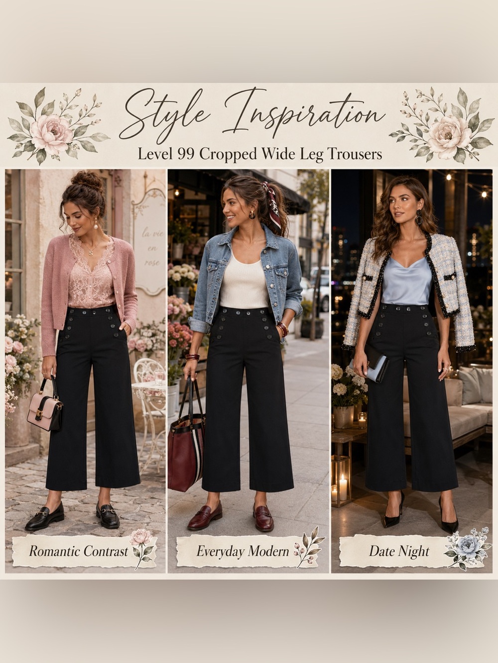 Level 99 Black Sailor Button Cropped Wide Leg Trousers Hi Rise | Classic Neutral - Picture 3 of 9